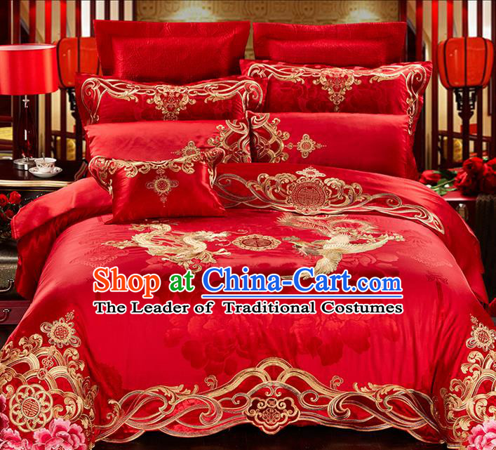 Traditional Asian Chinese Wedding Palace Qulit Cover Bedding Sheet Ten-piece Suit, Embroidered Dragon and Phoenix Satin Drill Duvet Cover Textile Bedding Complete Set