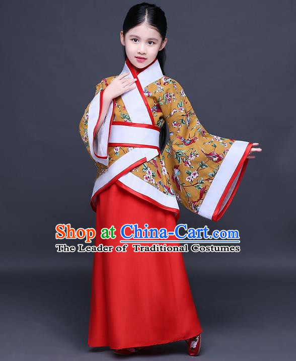 Traditional Ancient Chinese Imperial Princess Embroidery Costume, Children Elegant Hanfu Clothing Chinese Han Dynasty Golden Curve Bottom Dress Clothing for Kids