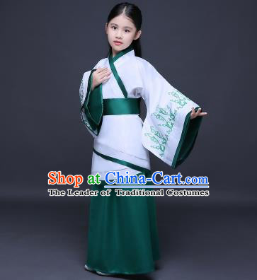 Traditional Ancient Chinese Imperial Princess Fairy Printing Costume, Children Elegant Hanfu Clothing Han Dynasty Green Curve Bottom Dress Clothing for Kids