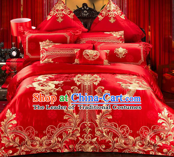 Traditional Asian Chinese Style Wedding Article Embroidery Dragon and Phoenix Satin Drill Bedding Sheet Complete Set, Duvet Cover Red Textile Bedding Suit