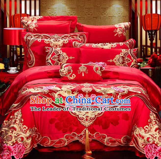 Traditional Asian Chinese Style Wedding Article Jacquard Weave Bedding Sheet Complete Set, Embroidery Dragon and Phoenix Red Eleven-piece Duvet Cover Satin Drill Textile Bedding Suit