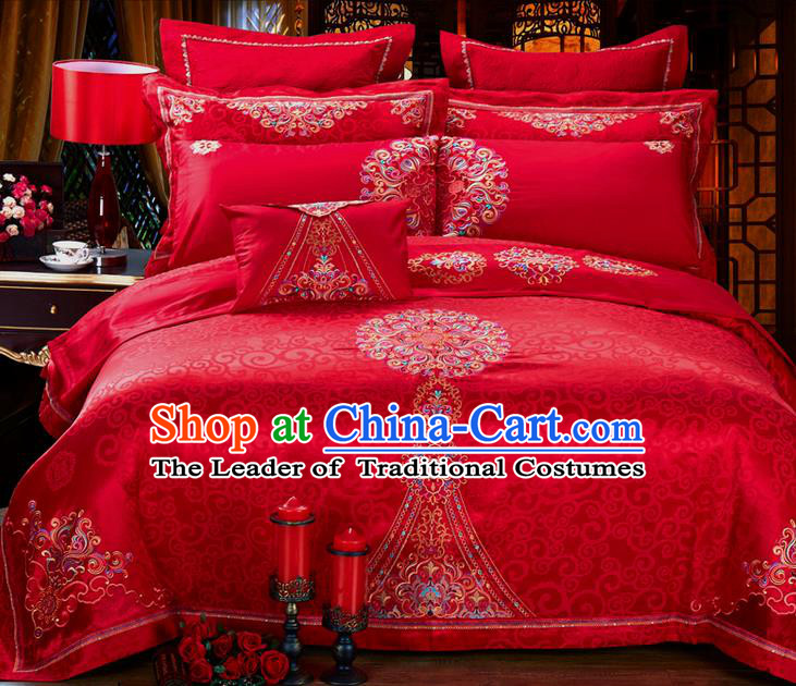 Traditional Asian Chinese Style Wedding Article Embroidery Jacquard Weave Satin Drill Bedding Sheet Complete Set, Duvet Cover Red Textile Bedding Suit