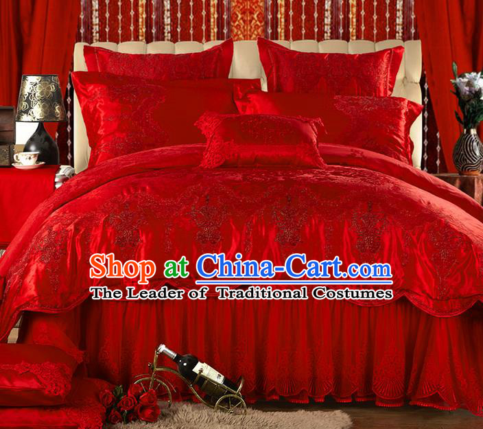 Traditional Asian Chinese Style Wedding Article Jacquard Weave Bedding Sheet Complete Set, Embroidery Red Ten-piece Lace Duvet Cover Satin Drill Textile Bedding Suit