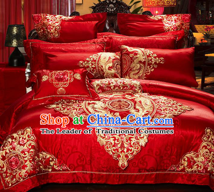 Traditional Asian Chinese Style Wedding Article Bedding Sheet Complete Set, Embroidery Dragon and Phoenix Red Eleven-piece Duvet Cover Satin Drill Textile Bedding Suit