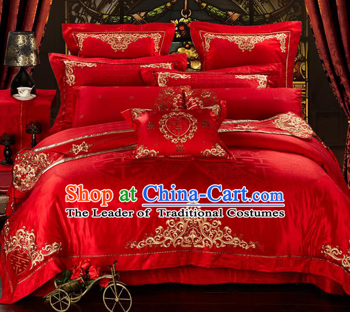 Traditional Asian Chinese Style Wedding Article Bedding Double Happiness Sheet Complete Set, Golden Embroidery Red Eleven-piece Duvet Cover Satin Drill Textile Bedding Suit