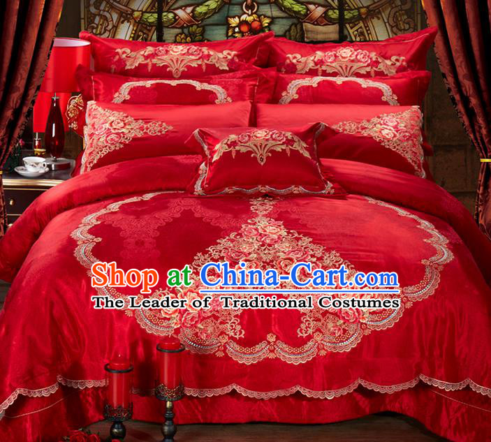 Traditional Asian Chinese Style Wedding Article Bedding Heart-shaped Sheet Complete Set, Embroidery Peony Ten-piece Duvet Cover Satin Drill Textile Bedding Suit