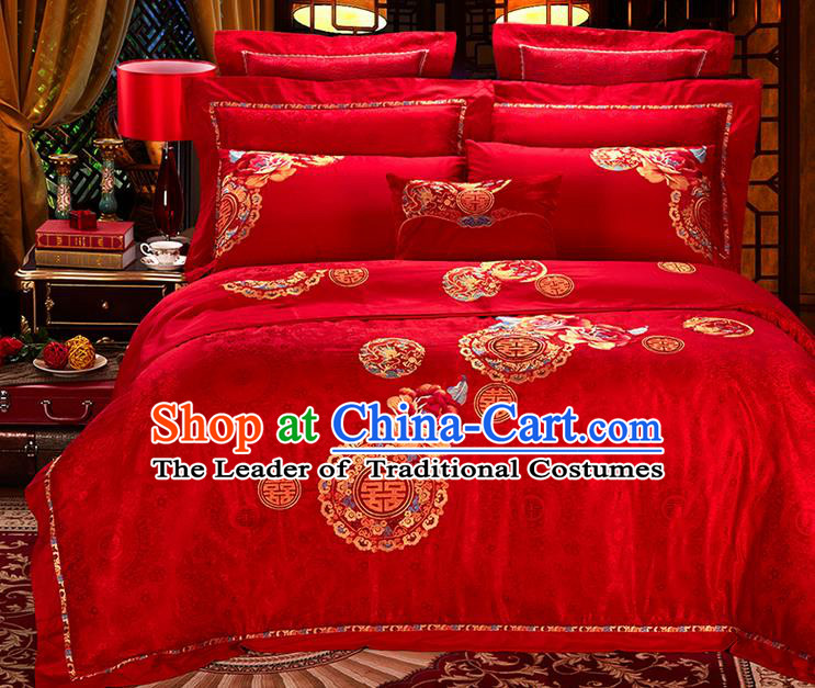 Traditional Asian Chinese Style Wedding Article Embroidery Happy Character Satin Drill Bedding Sheet Complete Set, Duvet Cover Red Lace Textile Bedding Six-piece Suit
