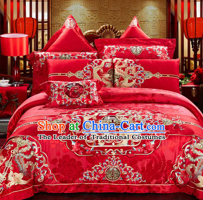 Traditional Asian Chinese Style Wedding Article Bedding Sheet Complete Set, Embroidery Peony Dragon and Phoenix Eleven-piece Duvet Cover Satin Drill Textile Bedding Suit