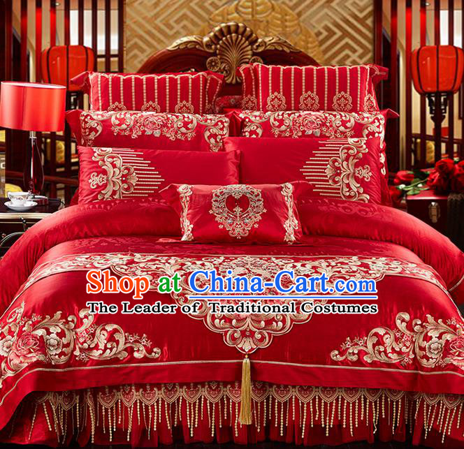 Traditional Asian Chinese Style Wedding Article Palace Lace Qulit Cover Bedding Sheet Complete Set, Embroidered Peony Jacquard Weave Satin Drill Eleven-piece Duvet Cover Textile Bedding Suit