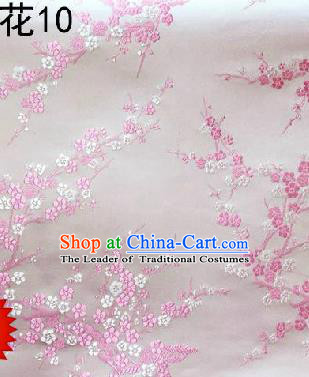 Asian Chinese Traditional Embroidery Pink Plum Blossom White Silk Fabric, Top Grade Brocade Embroidered Tang Suit Hanfu Dress Fabric Cheongsam Cloth Material