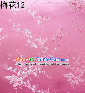 Asian Chinese Traditional Embroidery Plum Blossom Pink Silk Fabric, Top Grade Brocade Embroidered Tang Suit Hanfu Dress Fabric Cheongsam Cloth Material