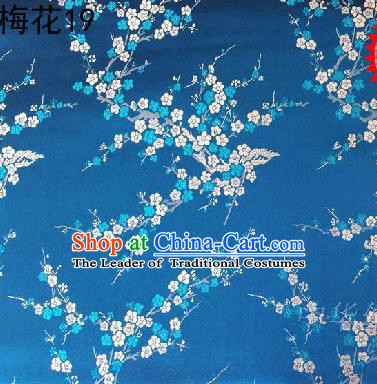 Asian Chinese Traditional Embroidery White Plum Blossom Blue Silk Fabric, Top Grade Brocade Embroidered Tang Suit Hanfu Dress Fabric Cheongsam Cloth Material