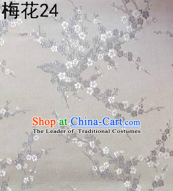 Asian Chinese Traditional Embroidery Grey Plum Blossom White Silk Fabric, Top Grade Brocade Embroidered Tang Suit Hanfu Dress Fabric Cheongsam Cloth Material