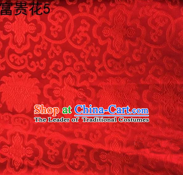 Asian Chinese Traditional Riches and Honour Flowers Embroidered Red Silk Fabric, Top Grade Arhat Bed Brocade Satin Tang Suit Hanfu Dress Fabric Cheongsam Cloth Material