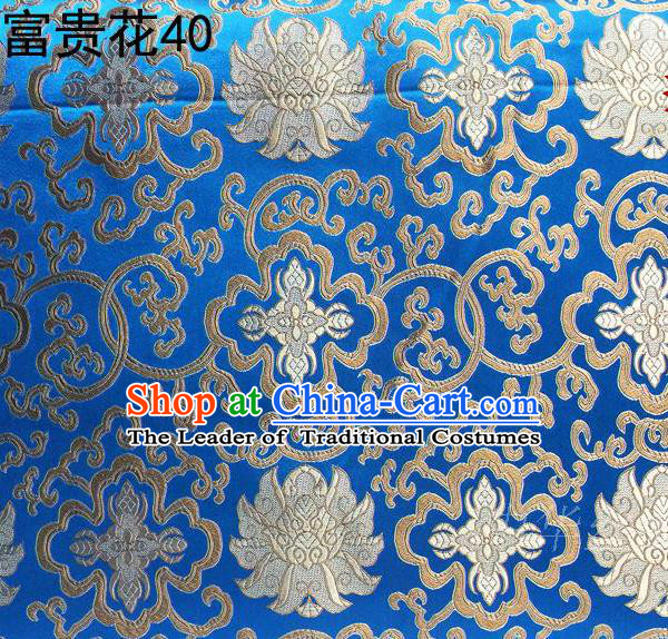 Asian Chinese Traditional Golden Riches and Honour Flowers Embroidered Blue Silk Fabric, Top Grade Arhat Bed Brocade Satin Tang Suit Hanfu Dress Fabric Cheongsam Cloth Material