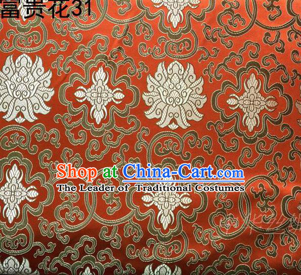 Asian Chinese Traditional Golden Riches and Honour Flowers Embroidered Orange Silk Fabric, Top Grade Arhat Bed Brocade Satin Tang Suit Hanfu Dress Fabric Cheongsam Cloth Material