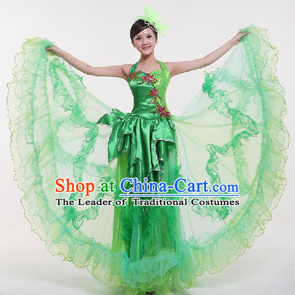 Chinese Classic Stage Performance Dance Costumes, Opening Dance Jasmine Flower Green Dress, Folk Dance Classic Big Swing Clothing for Women