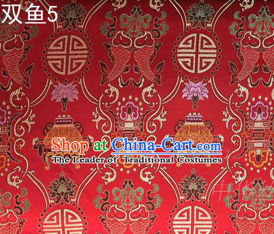 Asian Chinese Traditional Embroidery Colorful Longevity Red Satin Silk Fabric, Top Grade Brocade Tang Suit Hanfu Princess Dress Fabric Cheongsam Mattress Cloth Material