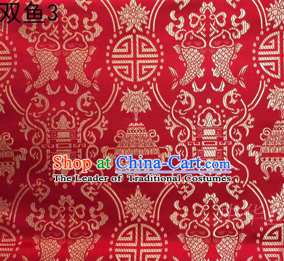 Asian Chinese Traditional Embroidery Golden Longevity Red Satin Silk Fabric, Top Grade Brocade Tang Suit Hanfu Princess Dress Fabric Cheongsam Mattress Cloth Material