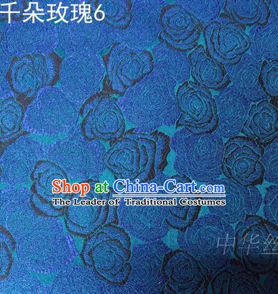 Asian Chinese Traditional Jacquard Weave Rose Flowers Blue Satin Mulberry Silk Fabric, Top Grade Brocade Tang Suit Hanfu Princess Dress Fabric Cheongsam Cloth Material