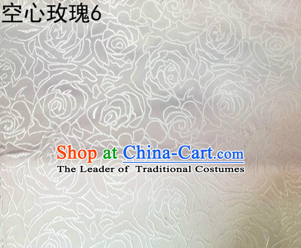 Asian Chinese Traditional Jacquard Weave Embroidered Rose Flowers White Satin Silk Fabric, Top Grade Brocade Tang Suit Hanfu Coat Dress Fabric Cheongsam Cloth Material