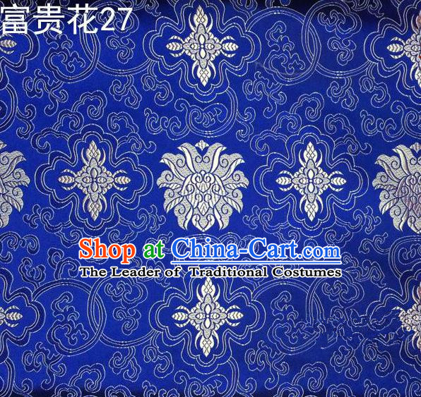 Asian Chinese Traditional White Riches and Honour Flowers Embroidered Royalblue Silk Fabric, Top Grade Arhat Bed Brocade Satin Tang Suit Hanfu Dress Fabric Cheongsam Cloth Material