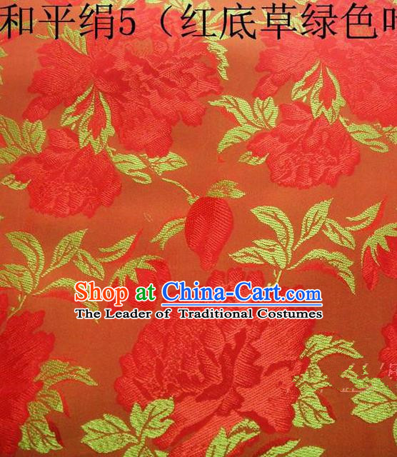 Asian Chinese Traditional Embroidered Red Flowers Orange Silk Fabric, Top Grade Arhat Bed Brocade Tang Suit Hanfu Dress Fabric Cheongsam Cloth Material