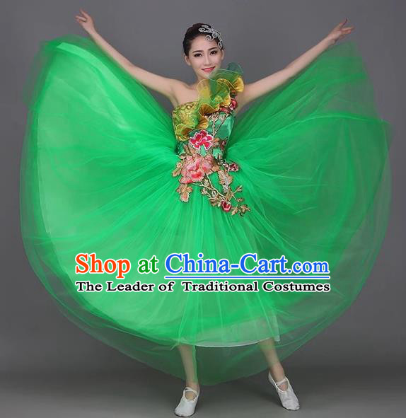 Chinese Classic Stage Performance Dance Costumes, Opening Dance Folk Dance Classic Dance Big Swing One-shoulder Green Veil Dress for Women