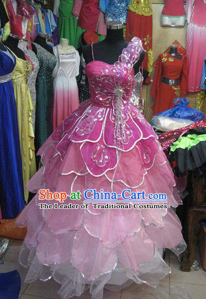 Chinese Classic Stage Performance Dance Costumes, Opening Dance Folk Dance Classic Dance Pink Bubble Dress for Women