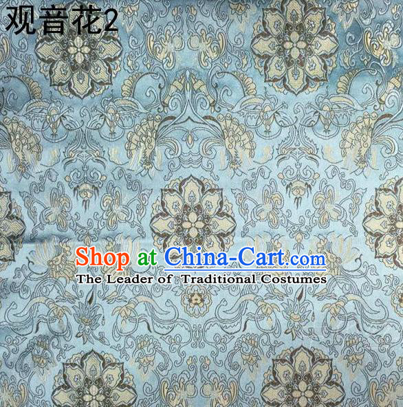 Asian Chinese Traditional Embroidering Avalokitesvara Flowers Thangka Satin Light Blue Silk Fabric, Top Grade Brocade Tang Suit Hanfu Full Dress Fabric Cheongsam Cloth Material