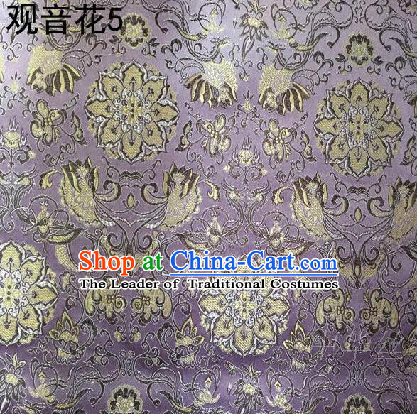 Asian Chinese Traditional Embroidering Avalokitesvara Flowers Thangka Satin Lilac Silk Fabric, Top Grade Brocade Tang Suit Hanfu Full Dress Fabric Cheongsam Cloth Material