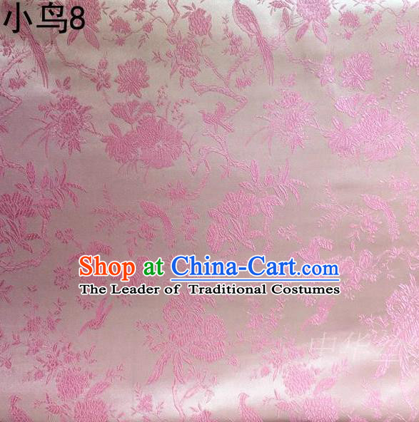 Asian Chinese Traditional Embroidery Magpie Peony Satin Pink Silk Fabric, Top Grade Brocade Tang Suit Hanfu Full Dress Fabric Cheongsam Cloth Material