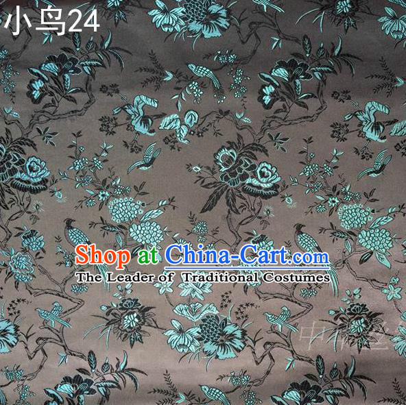 Asian Chinese Traditional Embroidery Magpie Peony Satin Grey Silk Fabric, Top Grade Brocade Tang Suit Hanfu Full Dress Fabric Cheongsam Cloth Material