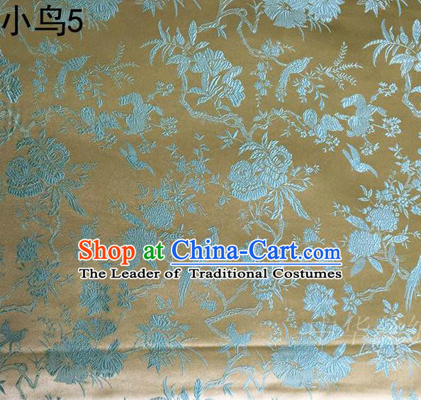 Asian Chinese Traditional Embroidery Magpie Peony Satin Golden Silk Fabric, Top Grade Brocade Tang Suit Hanfu Full Dress Fabric Cheongsam Cloth Material