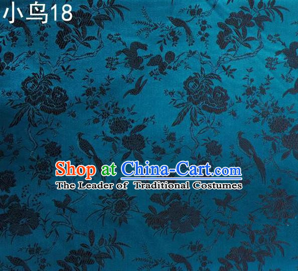 Asian Chinese Traditional Embroidery Black Magpie Peony Satin Blue Silk Fabric, Top Grade Brocade Tang Suit Hanfu Full Dress Fabric Cheongsam Cloth Material
