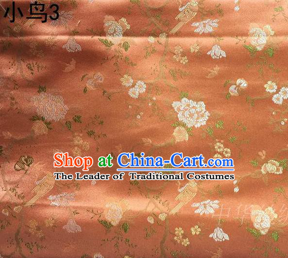 Asian Chinese Traditional Embroidery Magpie Peony Satin Orange Silk Fabric, Top Grade Brocade Tang Suit Hanfu Full Dress Fabric Cheongsam Cloth Material