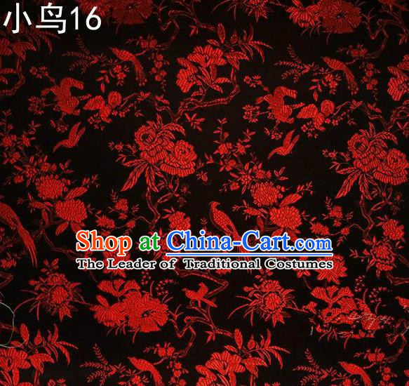 Asian Chinese Traditional Embroidery Red Magpie Peony Satin Black Silk Fabric, Top Grade Brocade Tang Suit Hanfu Full Dress Fabric Cheongsam Cloth Material