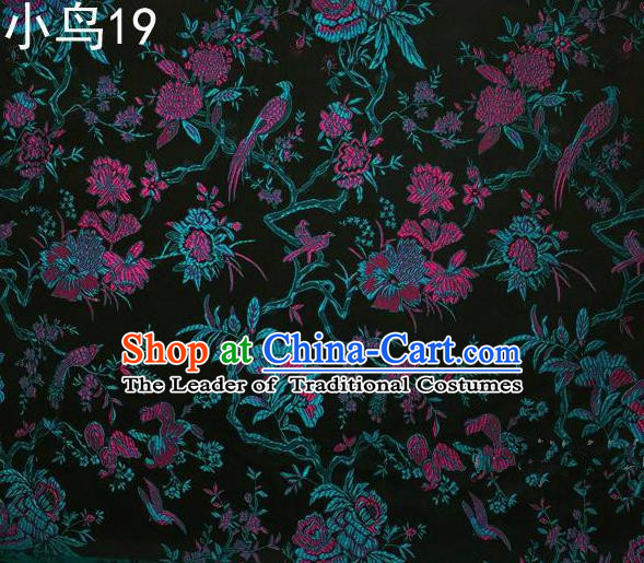 Asian Chinese Traditional Embroidery Magpie Peony Satin Atrovirens Silk Fabric, Top Grade Brocade Tang Suit Hanfu Full Dress Fabric Cheongsam Cloth Material