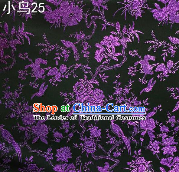 Asian Chinese Traditional Embroidery Purple Magpie Peony Satin Black Silk Fabric, Top Grade Brocade Tang Suit Hanfu Full Dress Fabric Cheongsam Cloth Material
