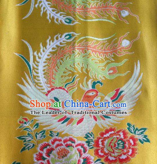 Asian Chinese Traditional Embroidery Phoenix Peony Yellow Satin Wedding Silk Fabric, Top Grade Brocade Tang Suit Hanfu Full Dress Fabric Cheongsam Cloth Material