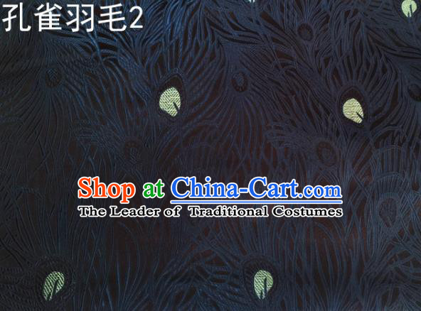 Asian Chinese Traditional Embroidery Peacock Feathers Navy Satin Wedding Silk Fabric, Top Grade Brocade Tang Suit Hanfu Dress Fabric Cheongsam Cloth Material