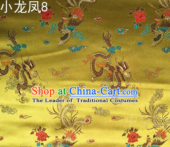 Asian Chinese Traditional Embroidery Colorful Dragon and Phoenix Bringing Prosperity Golden Satin Silk Fabric, Top Grade Tibetan Brocade Tang Suit Hanfu Fabric Cheongsam Cloth Material