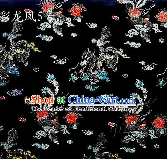 Asian Chinese Traditional Embroidery Dragon and Phoenix Bringing Prosperity Black Satin Silk Fabric, Top Grade Tibetan Brocade Tang Suit Hanfu Fabric Cheongsam Cloth Material
