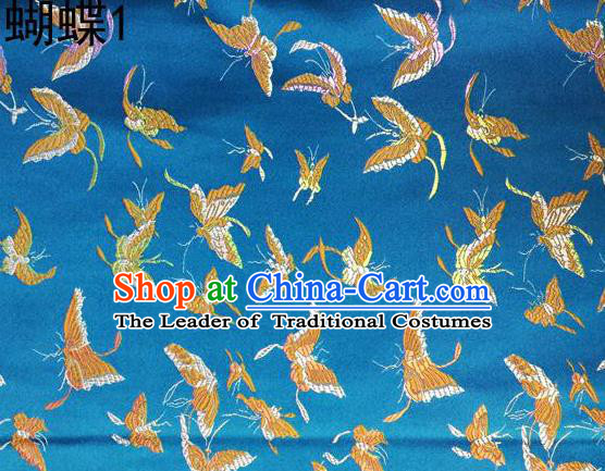 Asian Chinese Traditional Embroidery Colorful Butterflies Blue Satin Silk Fabric, Top Grade Brocade Tang Suit Hanfu Fabric Cheongsam Cloth Material
