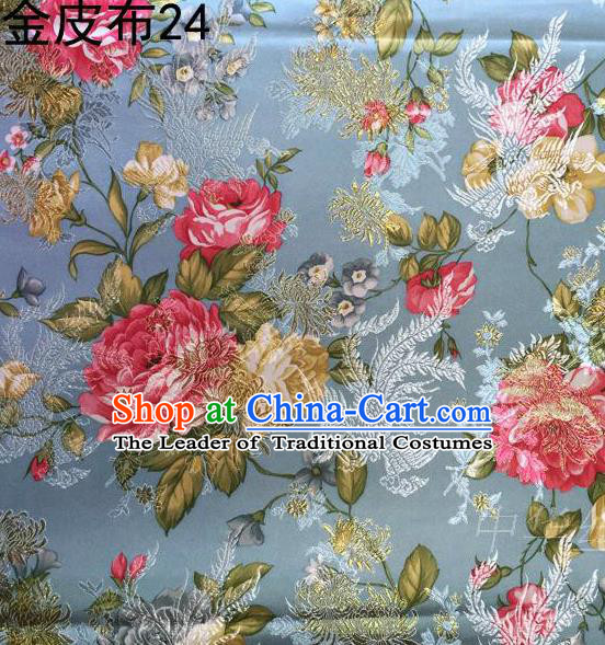 Asian Chinese Traditional Embroidery Peony Grey Blue Satin Silk Fabric, Top Grade Brocade Tang Suit Hanfu Fabric Cheongsam Cloth Material