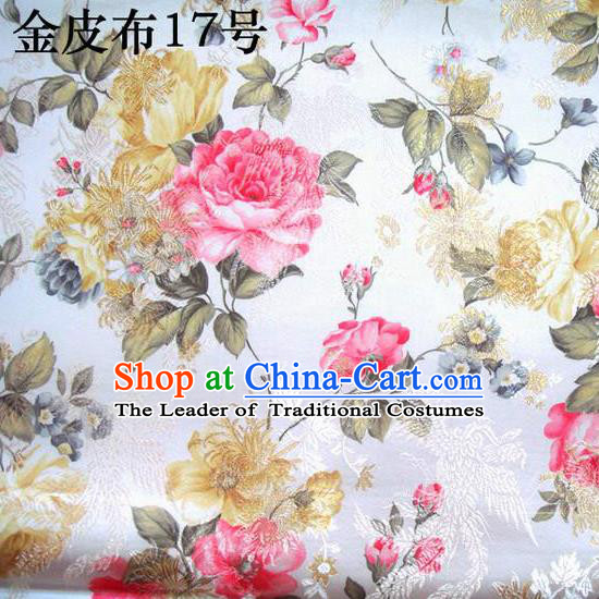 Asian Chinese Traditional Embroidery Peony White Satin Silk Fabric, Top Grade Brocade Tang Suit Hanfu Fabric Cheongsam Cloth Material