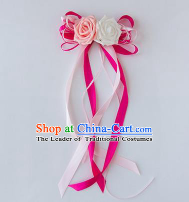 Top Grade Wedding Accessories Decoration, China Style Wedding Limousine Satin Bowknot Rosy Flowers Bride Long Ribbon Garlands