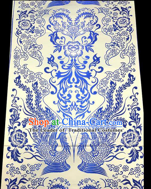 Asian Chinese Traditional Handmade Suzhou Printing Aoi Hana Phoenix Satin Silk Fabric, Top Grade Hanfu Nanjing Brocade Tang Suit Fabric Cheongsam Cloth Material