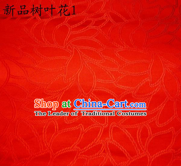 Asian Chinese Traditional Handmade Embroidery Red Leaf Pattern Satin Wedding Silk Fabric, Top Grade Nanjing Brocade Tang Suit Hanfu Fabric Cheongsam Red Cloth Material