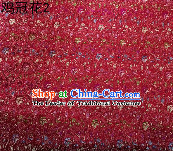 Asian Chinese Traditional Handmade Embroidery Cockscomb Flowers Satin Thangka Red Silk Fabric, Top Grade Nanjing Brocade Tang Suit Hanfu Fabric Cheongsam Cloth Material